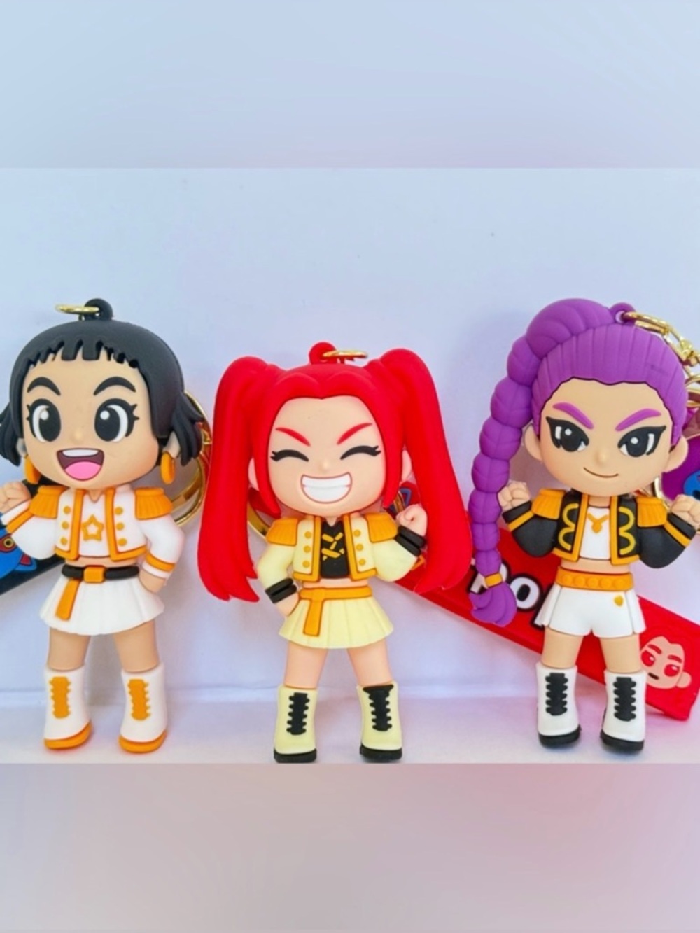 Cutest Trio Anime Girl Rubber Keychain Girls W/ Red, Purple, Black Hair Charm